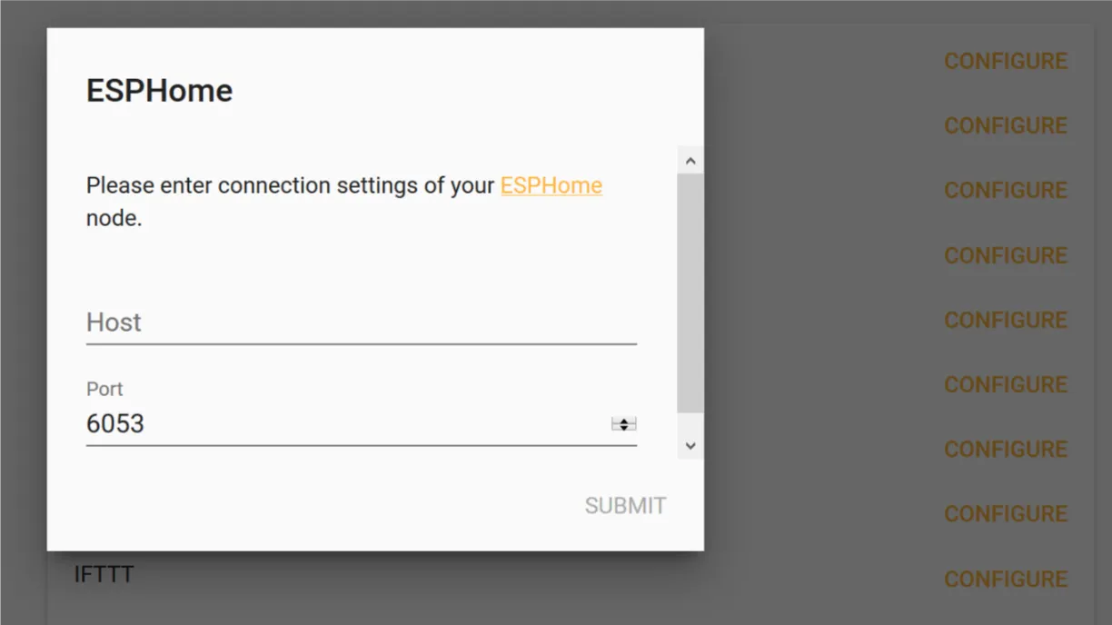 Home Assistant ESPHome integration configuration dialog with the title "ESPHome" and the message "Please enter connection settings of your ESPHome node." Two input fields are shown: Host (empty) and Port (pre-filled with 6053), with a SUBMIT button at the bottom right.