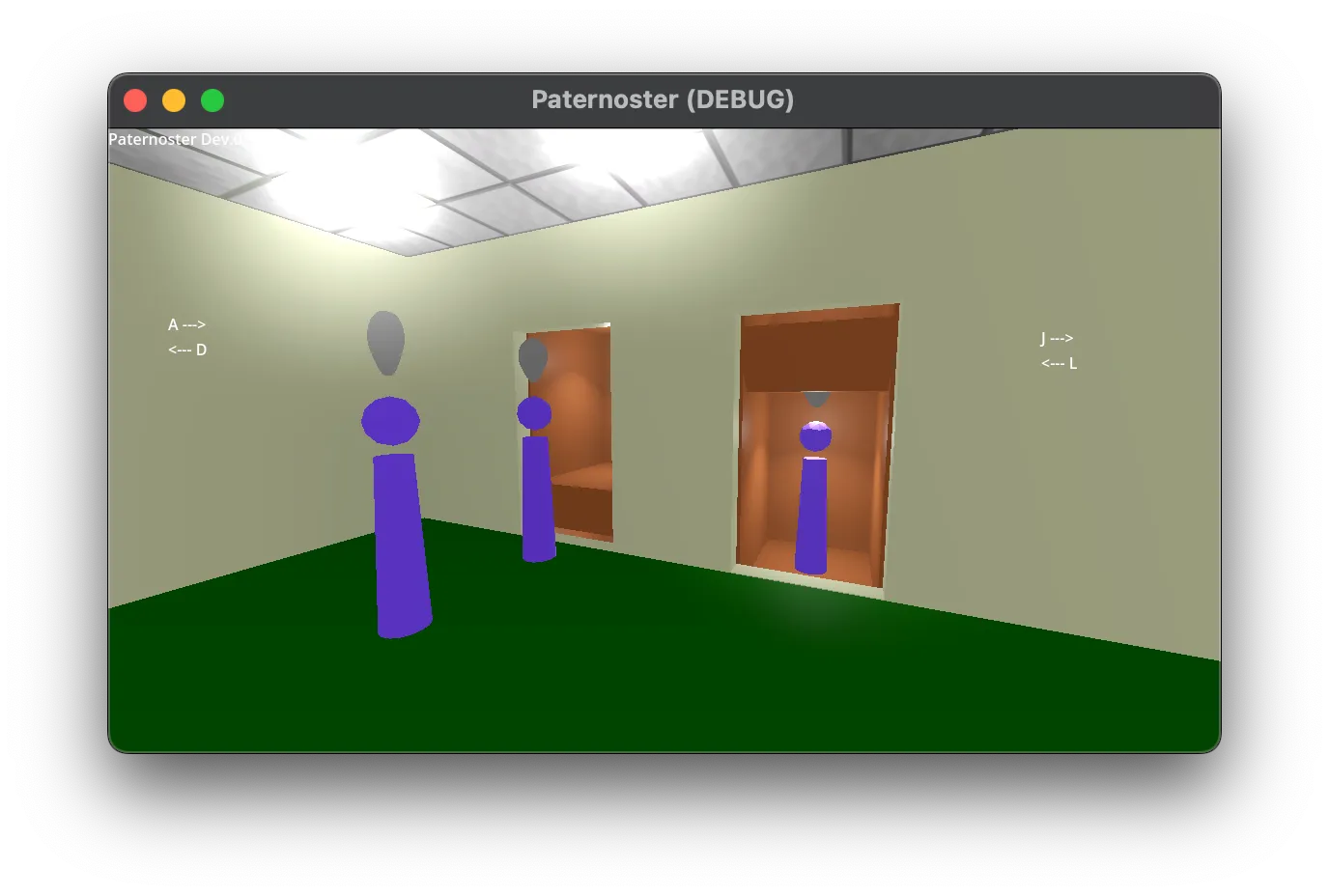 Debug build of the game showing the lobby interior with two paternoster shafts side by side. Three blue stick-figure passengers stand in the room, each with a small thought bubble above their head.