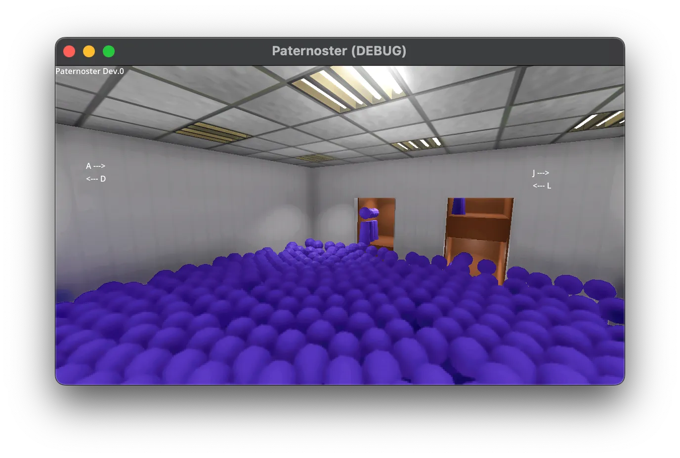 Debug build showing a passenger spawning bug: the lobby floor is completely covered by a massive pile of hundreds of blue passenger spheres, nearly filling the room up to the ceiling.