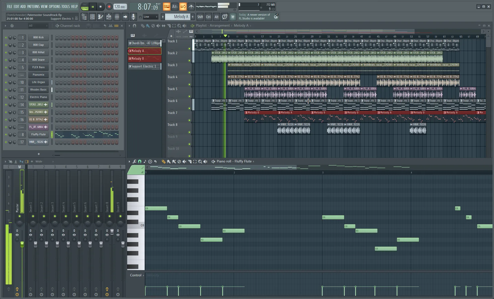FL Studio 64 showing the Paternoster soundtrack project: the playlist editor with multiple instrument tracks (Piano, Fluffy Flute, and several others) and the piano roll editor open at the bottom with green MIDI notes.