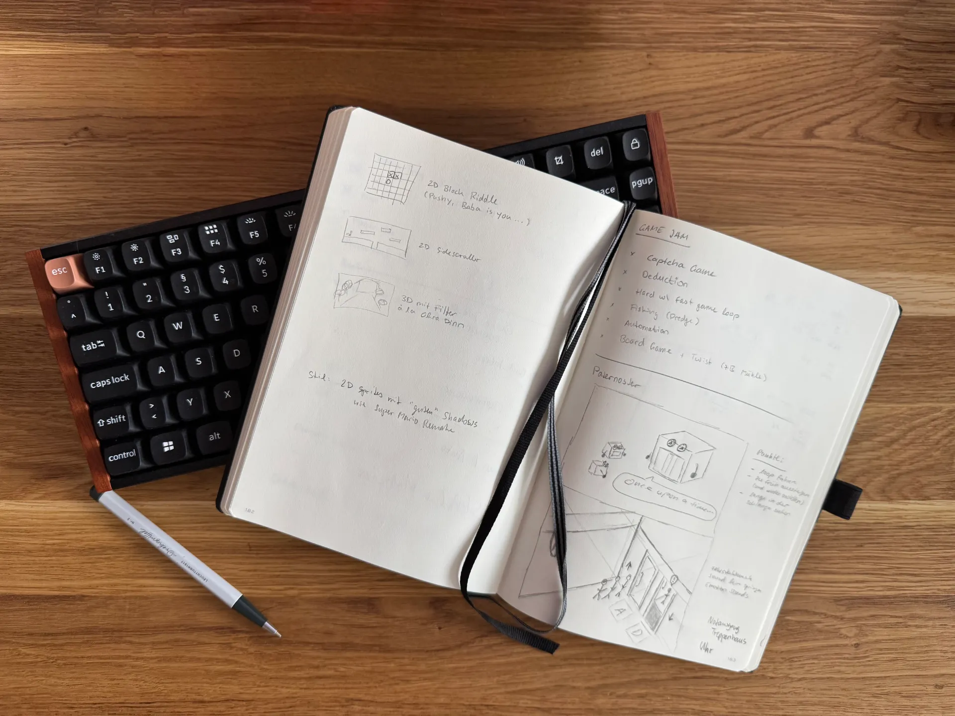 Open notebook lying on a wooden desk next to a keyboard and a pen, showing brainstorming sketches and notes for the game jam. The left page has rough UI sketches with labels like "2D Block Riddle", "2D Sidescroller", and "3D mit Filter". The right page is labeled "Game Jam" with a list of ideas including Captcha Game, Deduction, and Paternoster, along with a detailed sketch of the paternoster lobby scene.