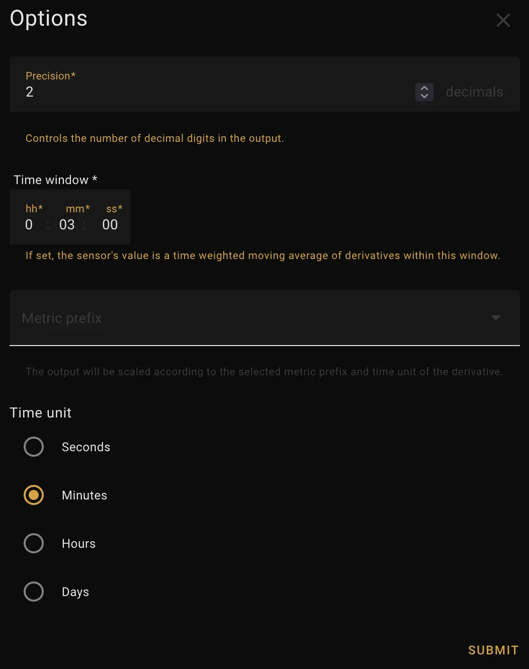 Screenshot of the Home Assistant derivative sensor Options dialog on a dark background, showing Precision set to 2 decimals, Time window set to 0 hours 3 minutes 0 seconds, an empty Metric prefix dropdown, and Time unit selected as Minutes, with a Submit button at the bottom right