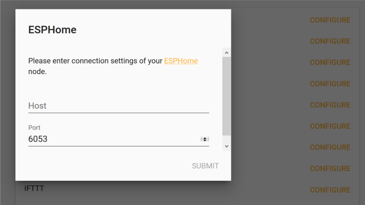 A modal is shown asking for the host and port for ESPHome.