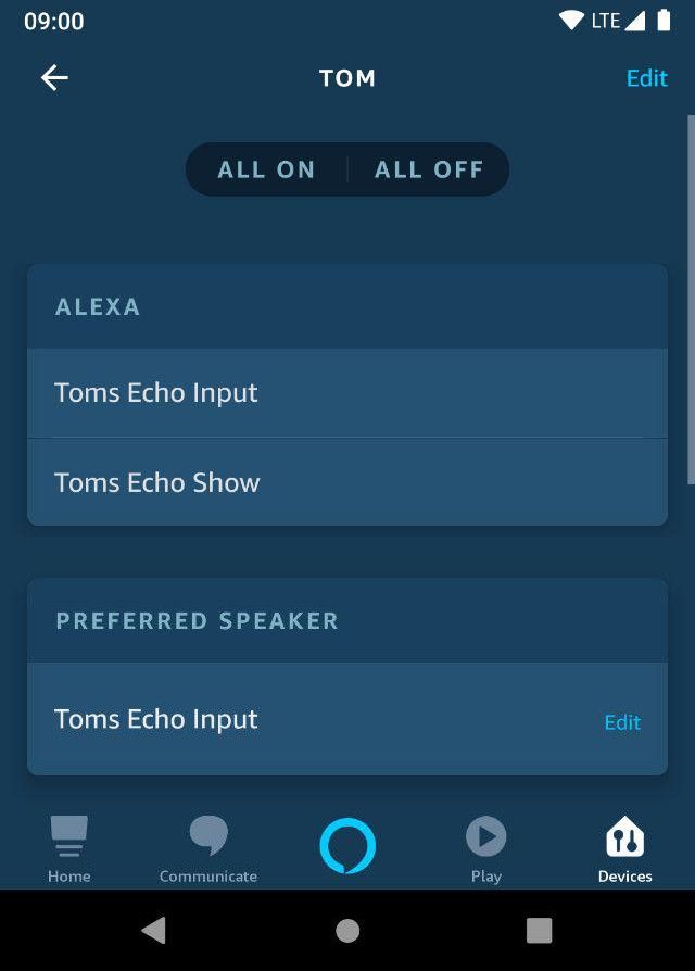 Screenshot of the Alexa App: Select Preferred Speaker