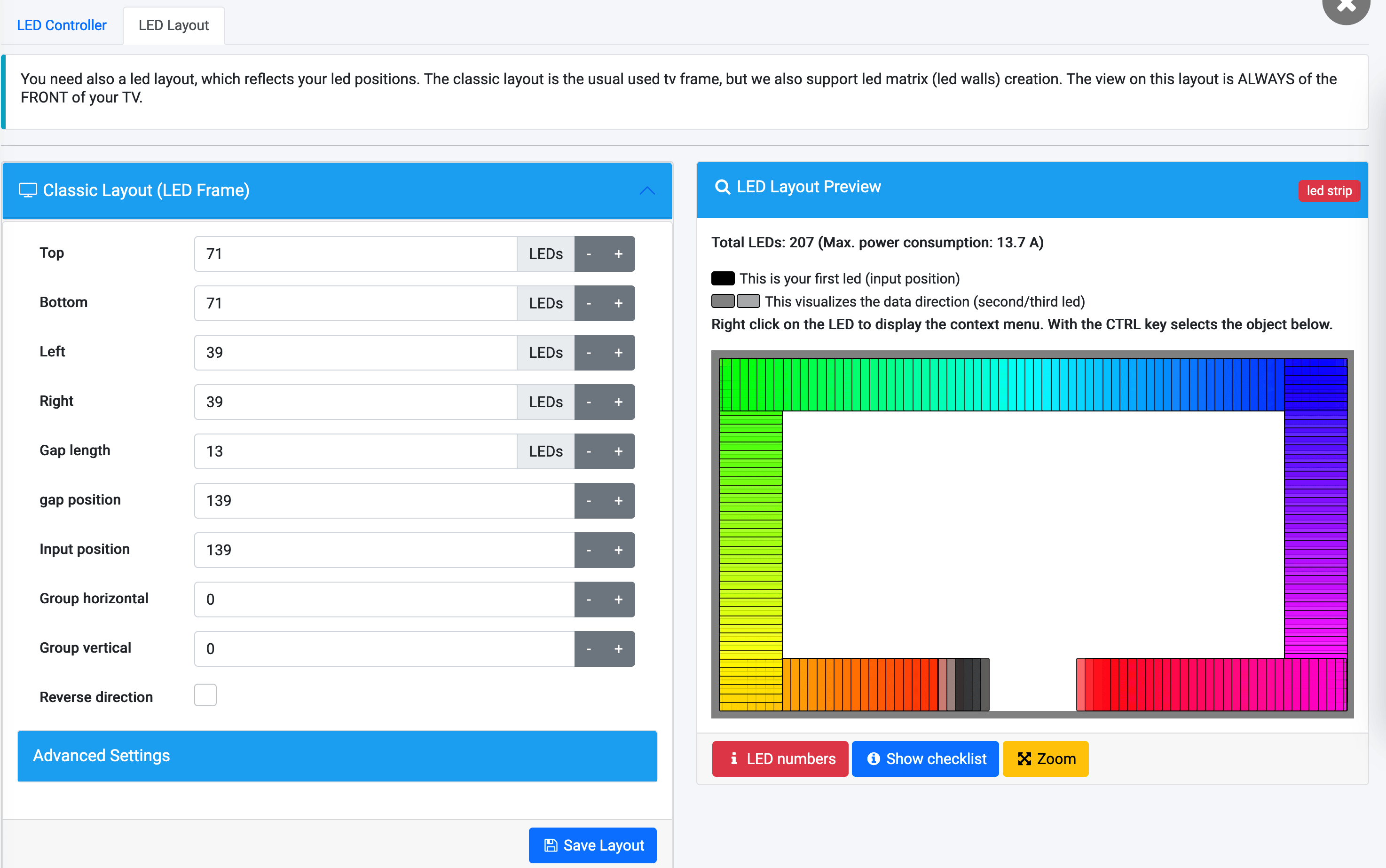 Screenshot: LED Layout with 207 configured LEDs