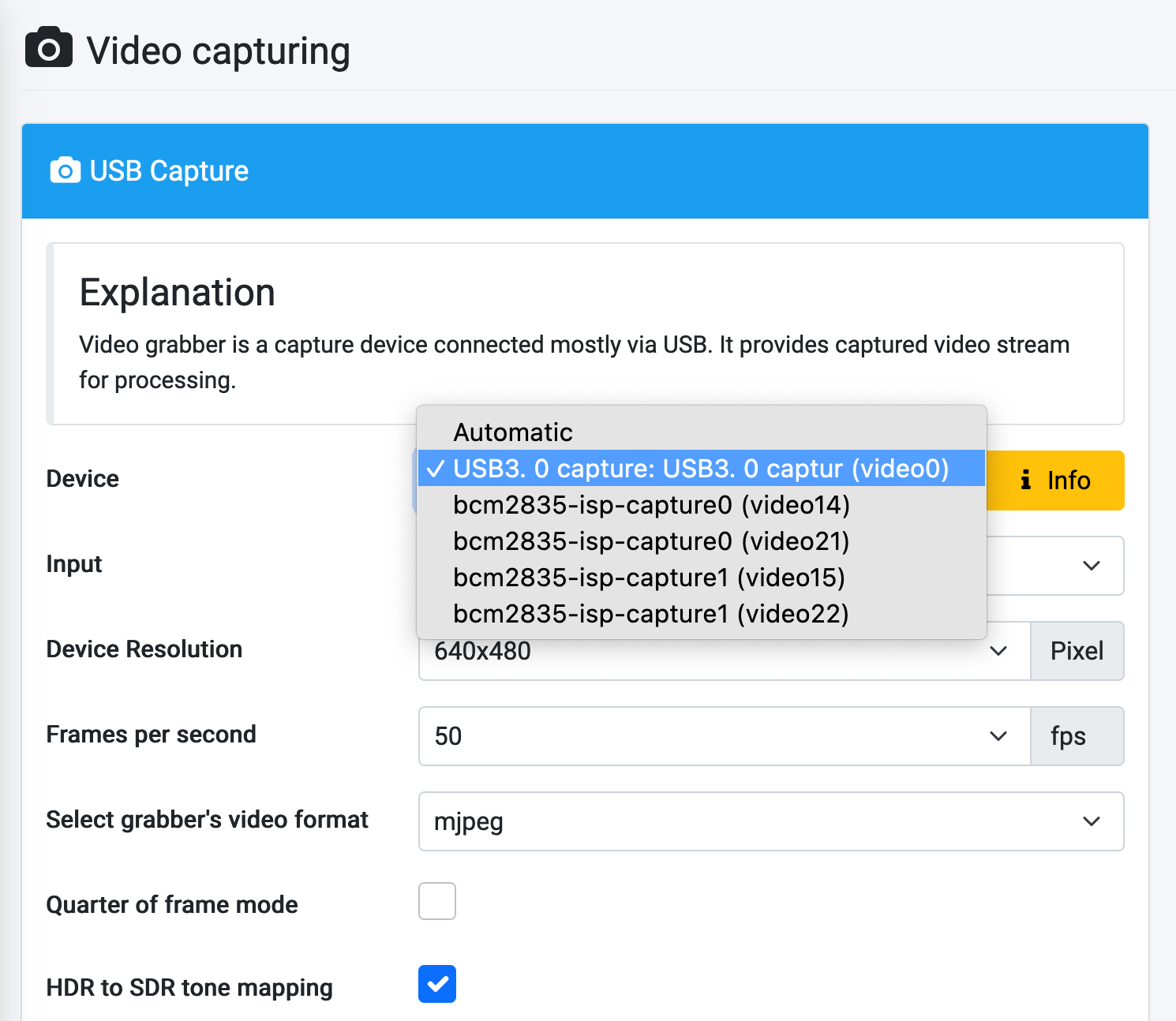 Screenshot: USB Capture Card setup as described above