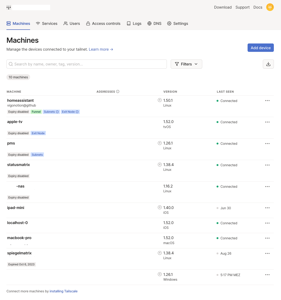 Screenshot showing the admin ui of Tailscale, showing 10 machines like homeassistant, an apple tv and a macbook-pro.