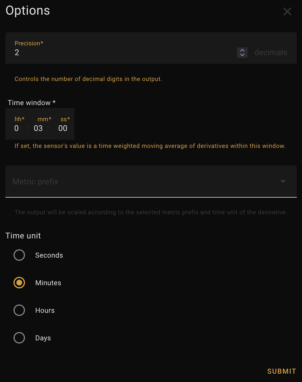 Screenshot of the derivative sensor options